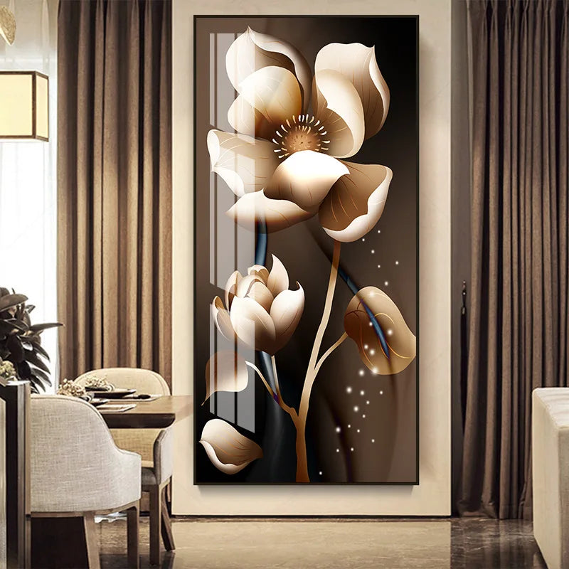 Prismatic Splendor: Porcelain Art with Crystal Details Atmosphere, Golden Rose Hanging Painting with LED Light