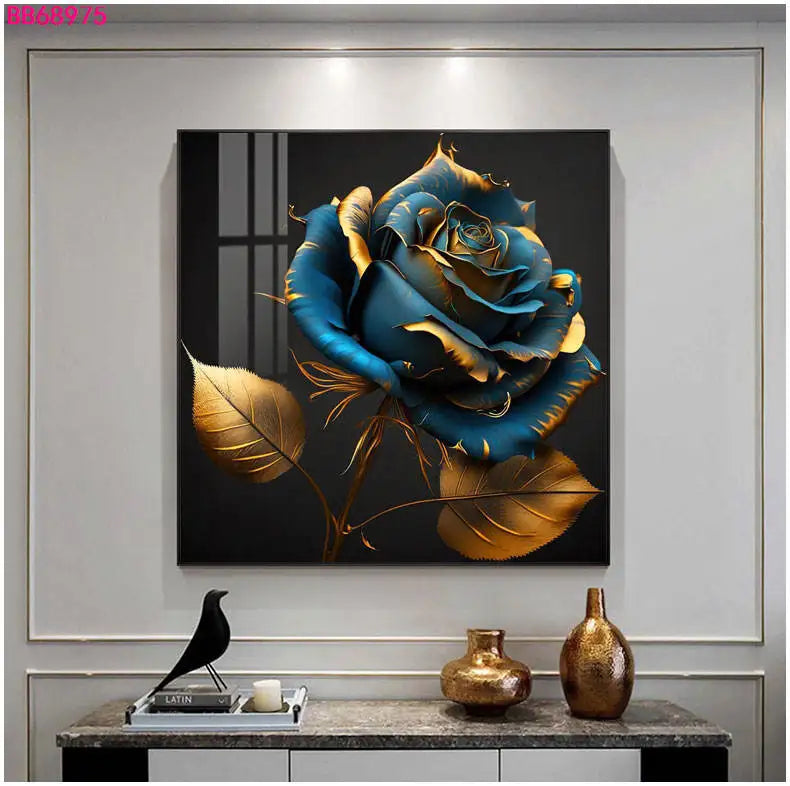 Custom Nordic Rose Wall Art Luxury Crystal Porcelain Digital UV Printed Painting Canvas Support Base Frame Mounting Home