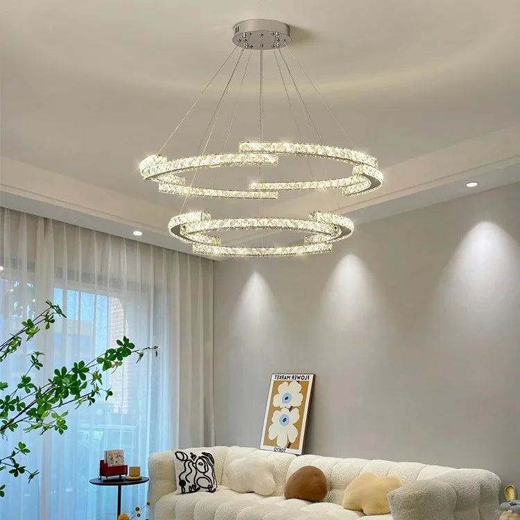 Silver Ring Modern Crystal Lamp Luxury High-Level Feeling Commercial Hanging Pendant Light for Living Room Dining Hall