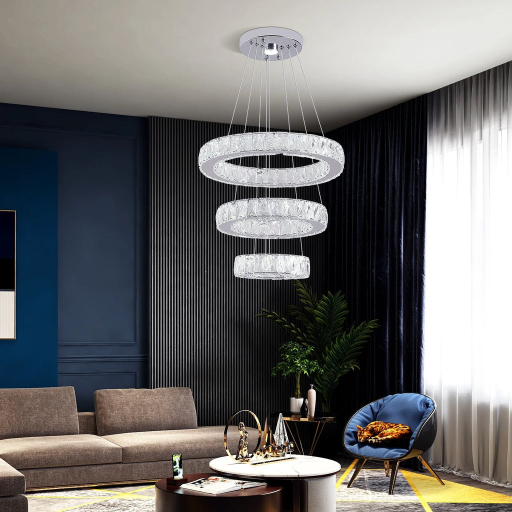 Custom 47W Villa Hotel 3 Rings LED Lighting Round Ring Modern Crystal Chandelier Illumination
