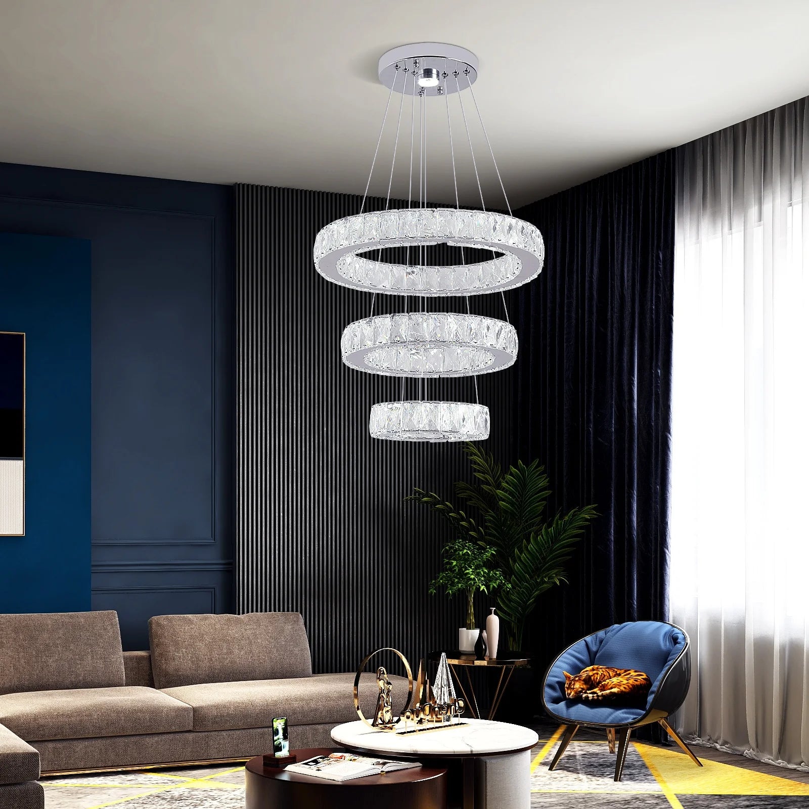 Custom 47W Villa Hotel 3 Rings LED Lighting Round Ring Modern Crystal Chandelier Illumination