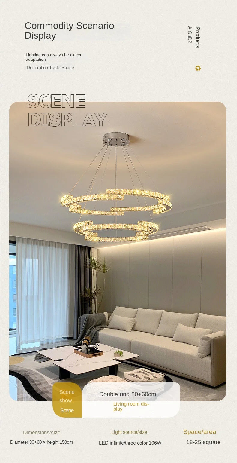 Silver Ring Modern Crystal Lamp Luxury High-Level Feeling Commercial Hanging Pendant Light for Living Room Dining Hall