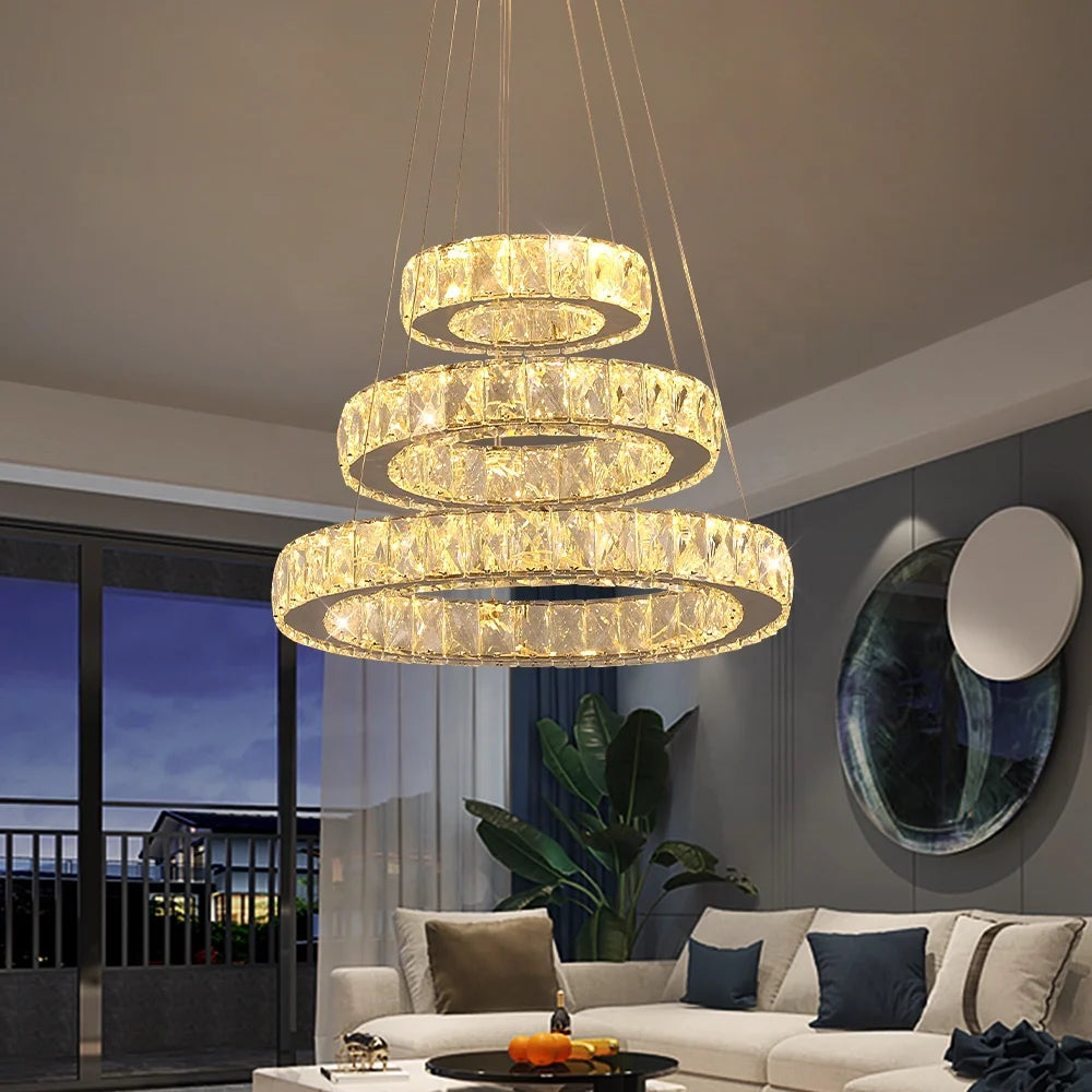 Custom 47W Villa Hotel 3 Rings LED Lighting Round Ring Modern Crystal Chandelier Illumination