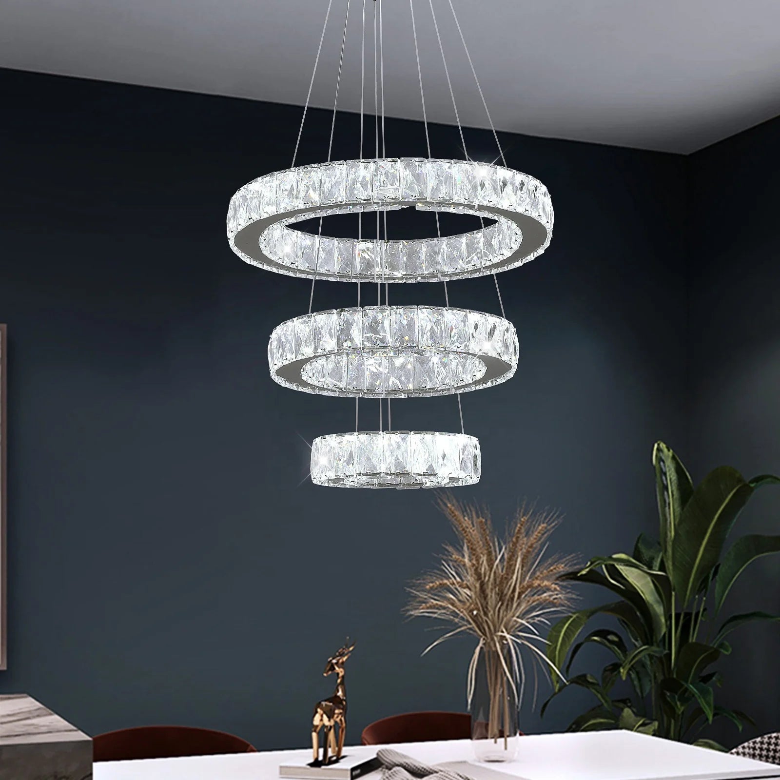 Custom 47W Villa Hotel 3 Rings LED Lighting Round Ring Modern Crystal Chandelier Illumination