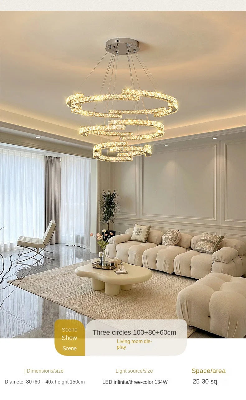 Silver Ring Modern Crystal Lamp Luxury High-Level Feeling Commercial Hanging Pendant Light for Living Room Dining Hall