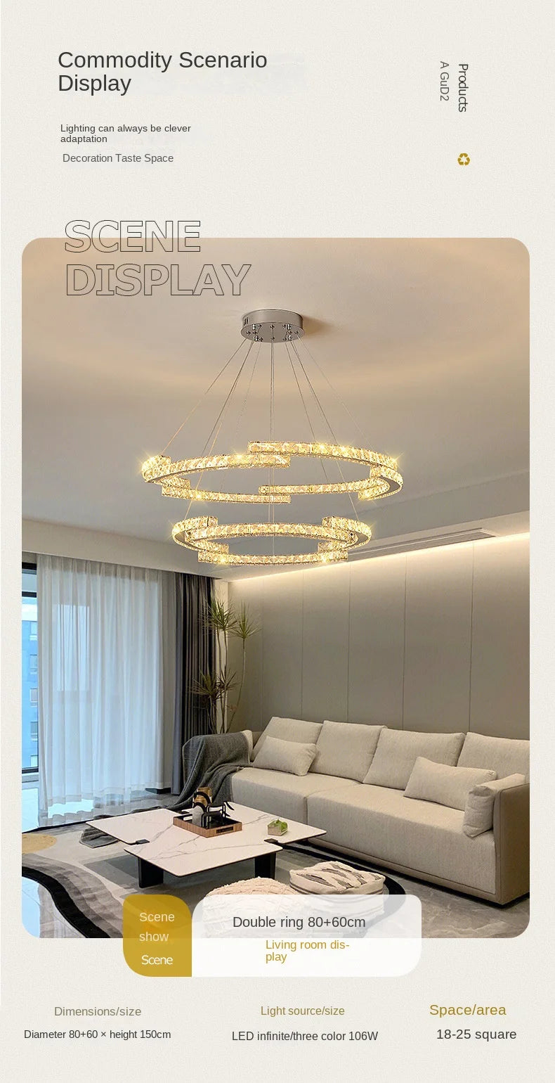 Silver Ring Modern Crystal Lamp Luxury High-Level Feeling Commercial Hanging Pendant Light for Living Room Dining Hall