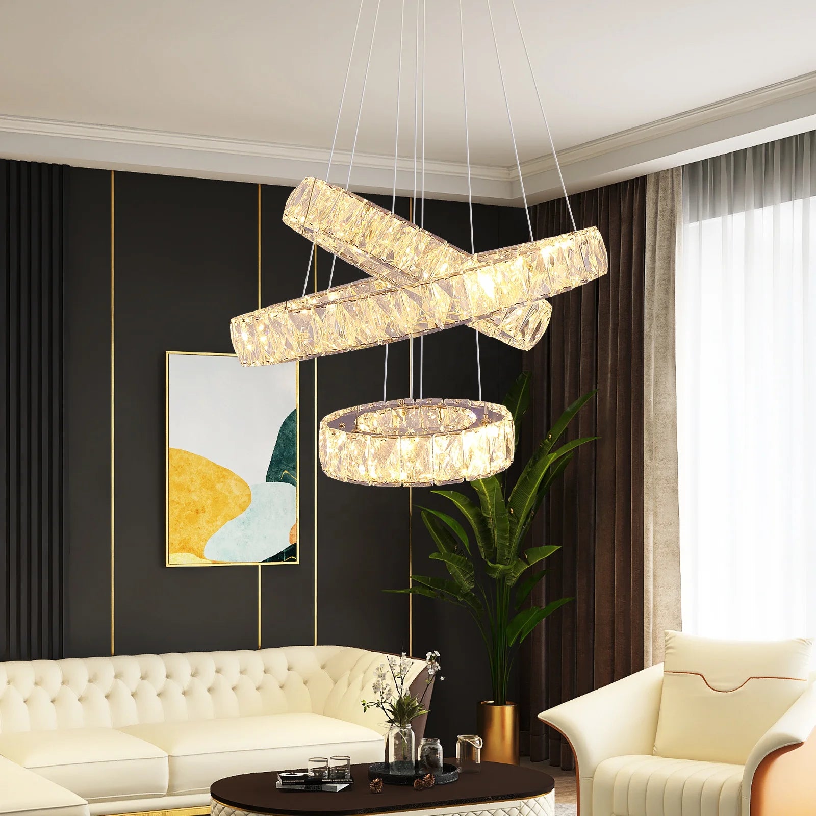 Custom 47W Villa Hotel 3 Rings LED Lighting Round Ring Modern Crystal Chandelier Illumination