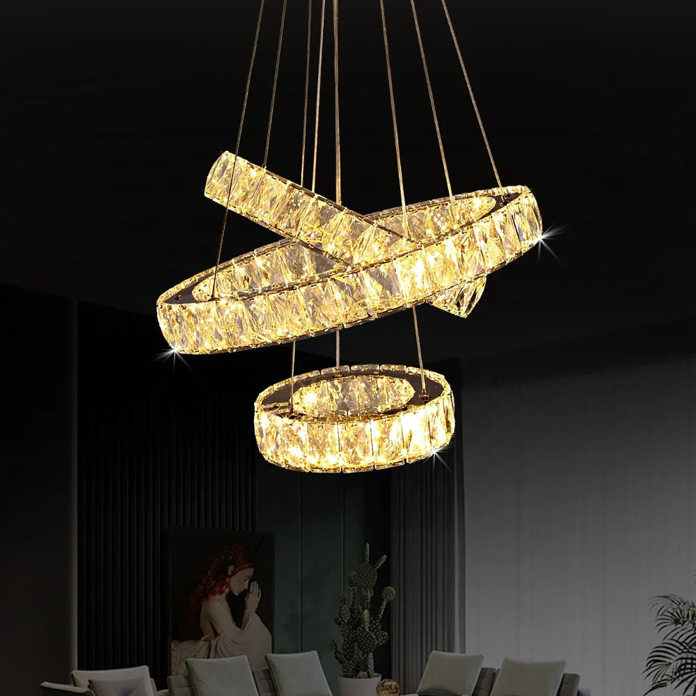 Custom 47W Villa Hotel 3 Rings LED Lighting Round Ring Modern Crystal Chandelier Illumination