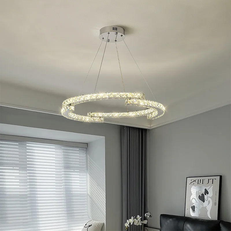 Silver Ring Modern Crystal Lamp Luxury High-Level Feeling Commercial Hanging Pendant Light for Living Room Dining Hall