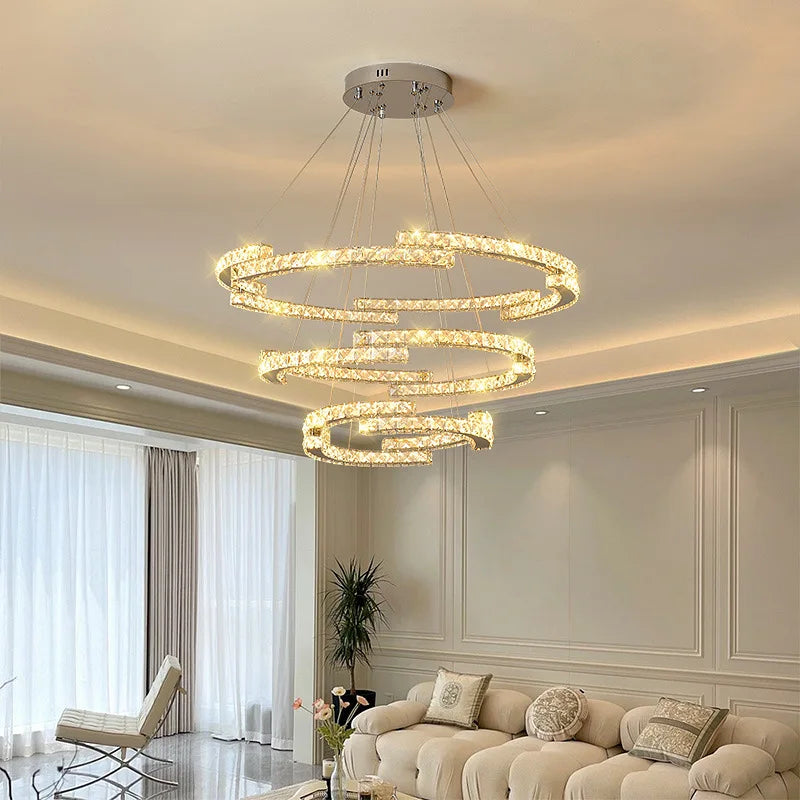 Silver Ring Modern Crystal Lamp Luxury High-Level Feeling Commercial Hanging Pendant Light for Living Room Dining Hall