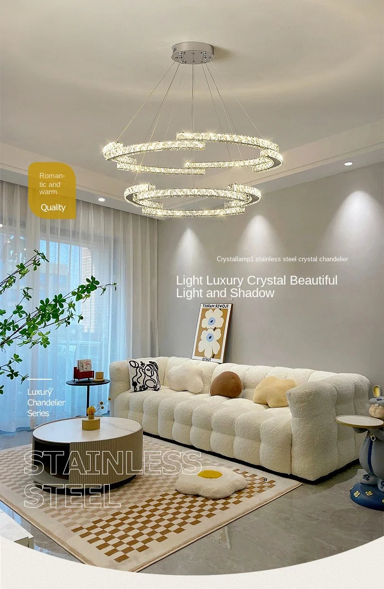 Silver Ring Modern Crystal Lamp Luxury High-Level Feeling Commercial Hanging Pendant Light for Living Room Dining Hall