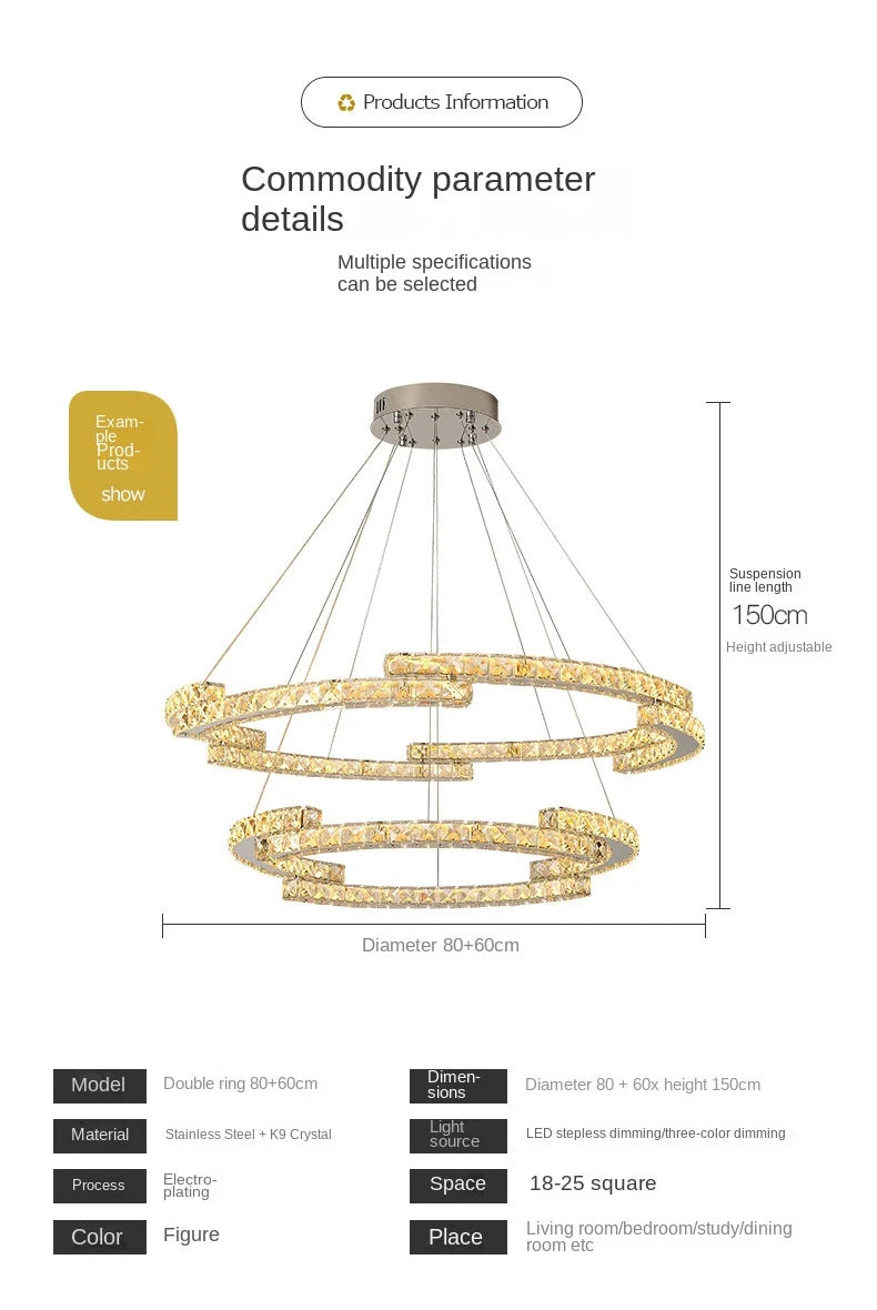 Silver Ring Modern Crystal Lamp Luxury High-Level Feeling Commercial Hanging Pendant Light for Living Room Dining Hall