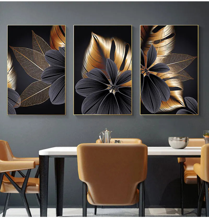 Art Painting Nordic Living Room Decoration Picture Black Golden Plant Leaf Canvas Poster Print Modern Home Decor Abstract Wall