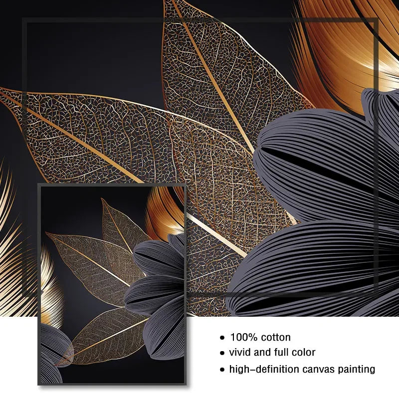 Art Painting Nordic Living Room Decoration Picture Black Golden Plant Leaf Canvas Poster Print Modern Home Decor Abstract Wall