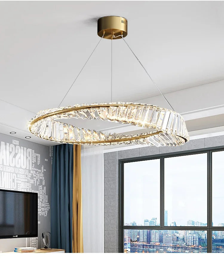 Postmodern Light Luxury Living Room LED Chandelier Round Crystal Ring Design Bedroom Dining Room Modern Circle Light