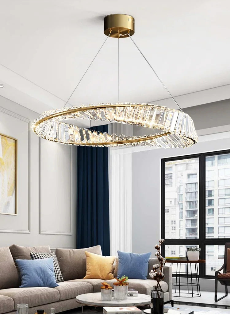 Postmodern Light Luxury Living Room LED Chandelier Round Crystal Ring Design Bedroom Dining Room Modern Circle Light