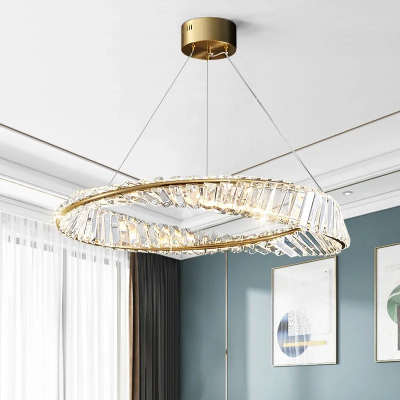 Postmodern Light Luxury Living Room LED Chandelier Round Crystal Ring Design Bedroom Dining Room Modern Circle Light