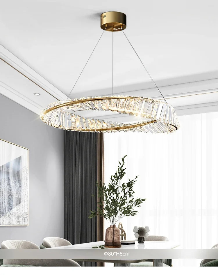 Postmodern Light Luxury Living Room LED Chandelier Round Crystal Ring Design Bedroom Dining Room Modern Circle Light