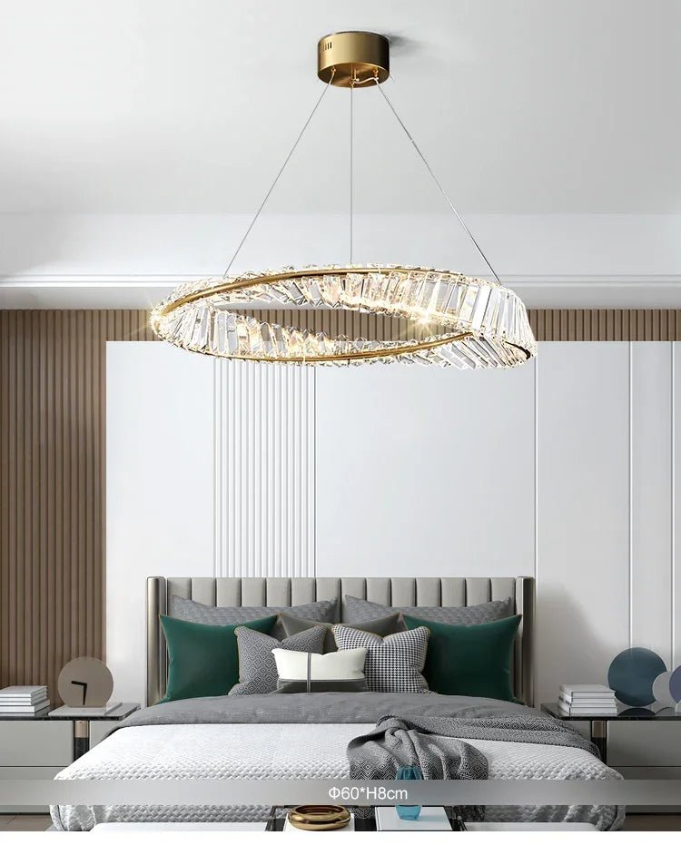 Postmodern Light Luxury Living Room LED Chandelier Round Crystal Ring Design Bedroom Dining Room Modern Circle Light