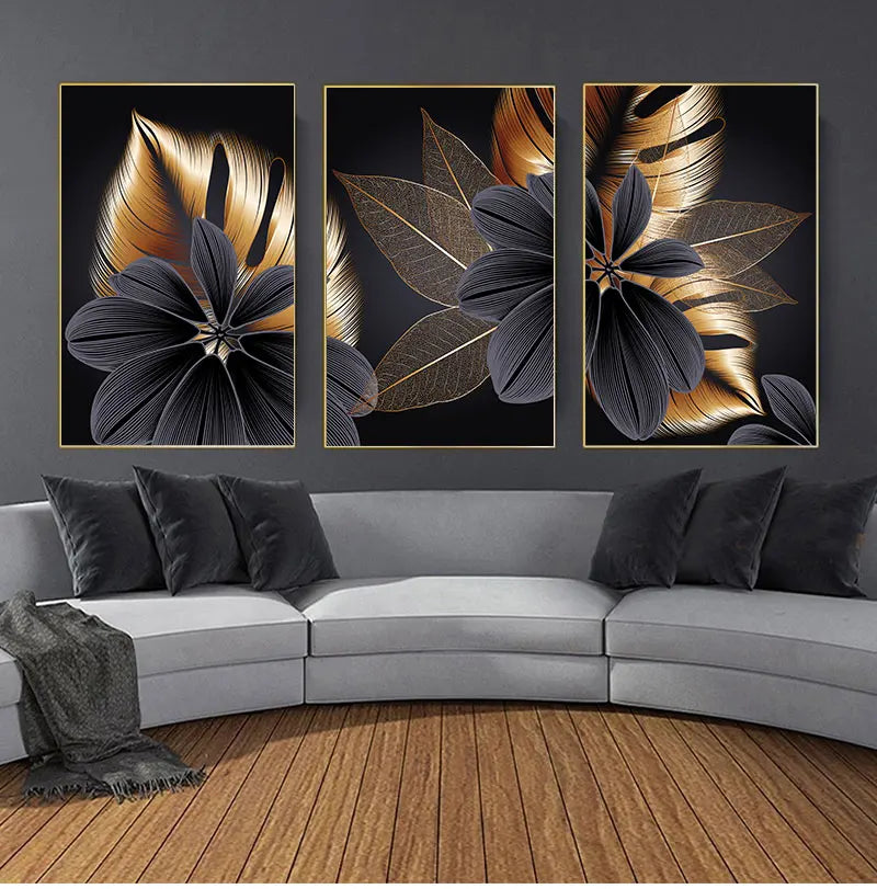 Art Painting Nordic Living Room Decoration Picture Black Golden Plant Leaf Canvas Poster Print Modern Home Decor Abstract Wall