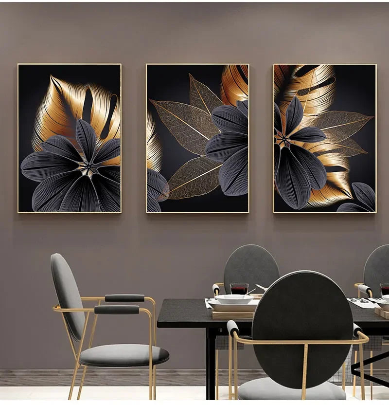 Art Painting Nordic Living Room Decoration Picture Black Golden Plant Leaf Canvas Poster Print Modern Home Decor Abstract Wall