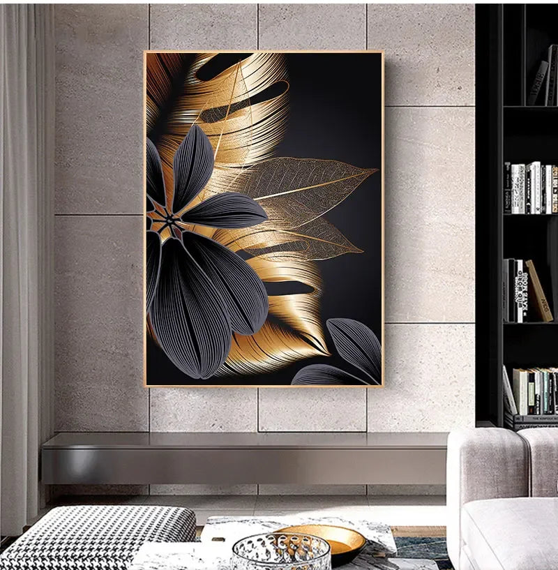 Art Painting Nordic Living Room Decoration Picture Black Golden Plant Leaf Canvas Poster Print Modern Home Decor Abstract Wall