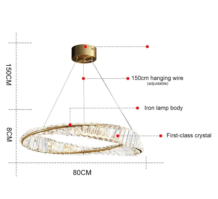 Postmodern Light Luxury Living Room LED Chandelier Round Crystal Ring Design Bedroom Dining Room Modern Circle Light