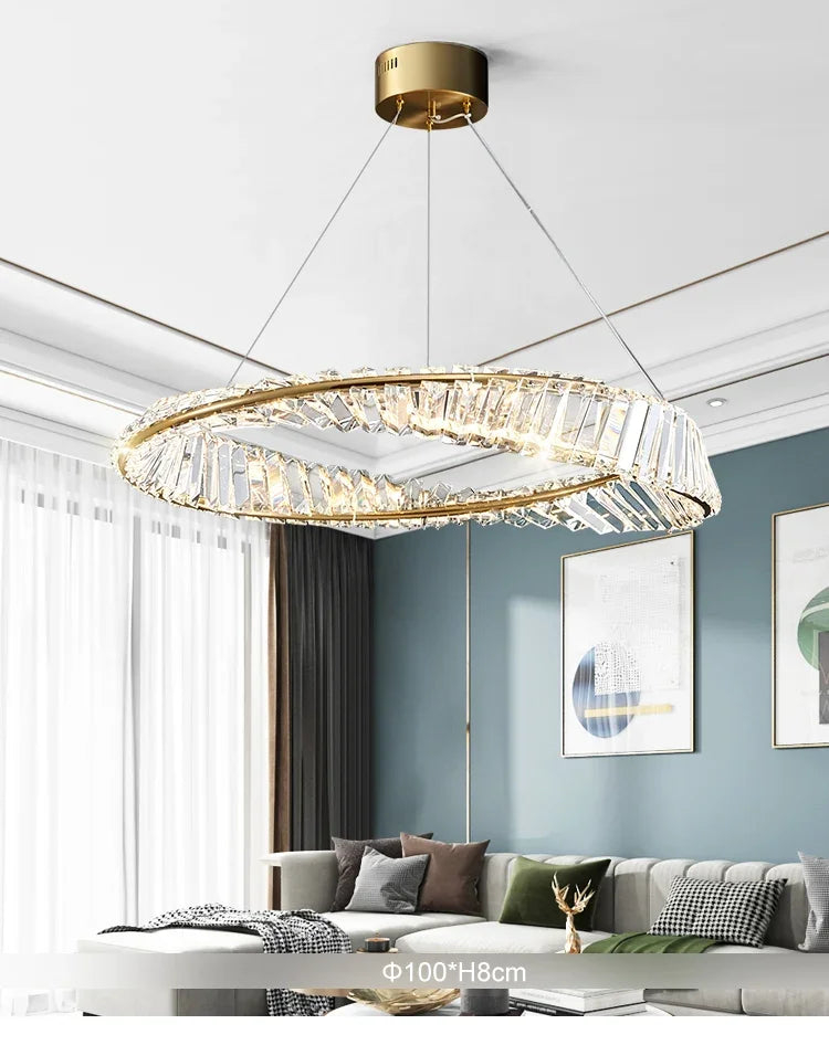Postmodern Light Luxury Living Room LED Chandelier Round Crystal Ring Design Bedroom Dining Room Modern Circle Light