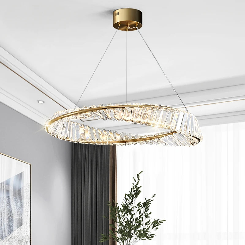 Postmodern Light Luxury Living Room LED Chandelier Round Crystal Ring Design Bedroom Dining Room Modern Circle Light