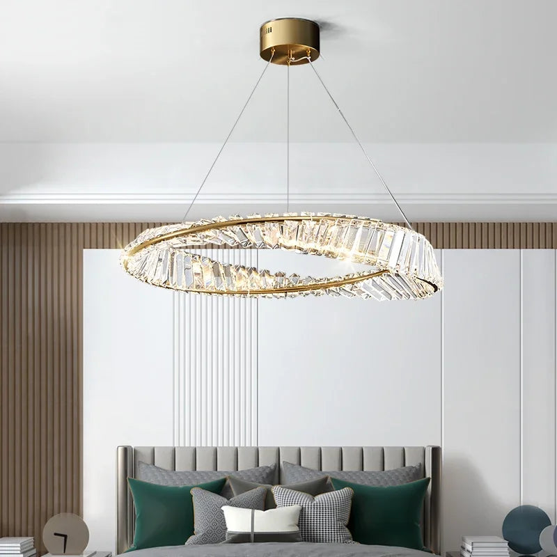 Postmodern Light Luxury Living Room LED Chandelier Round Crystal Ring Design Bedroom Dining Room Modern Circle Light